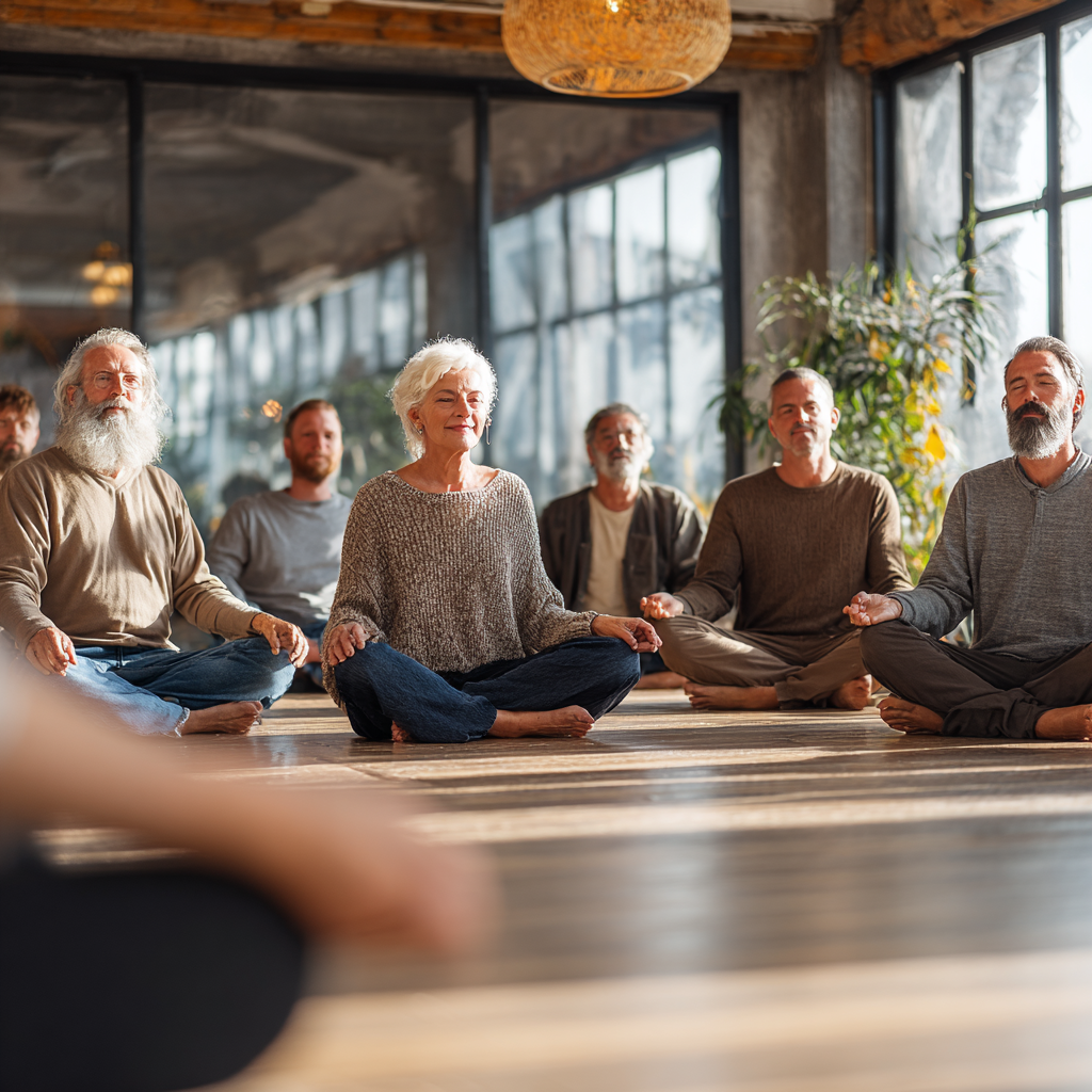 Група людей різного віку від 50 до 60 років сидять у колі в медитативній позі в сучасній йога-студії з природним освітленням