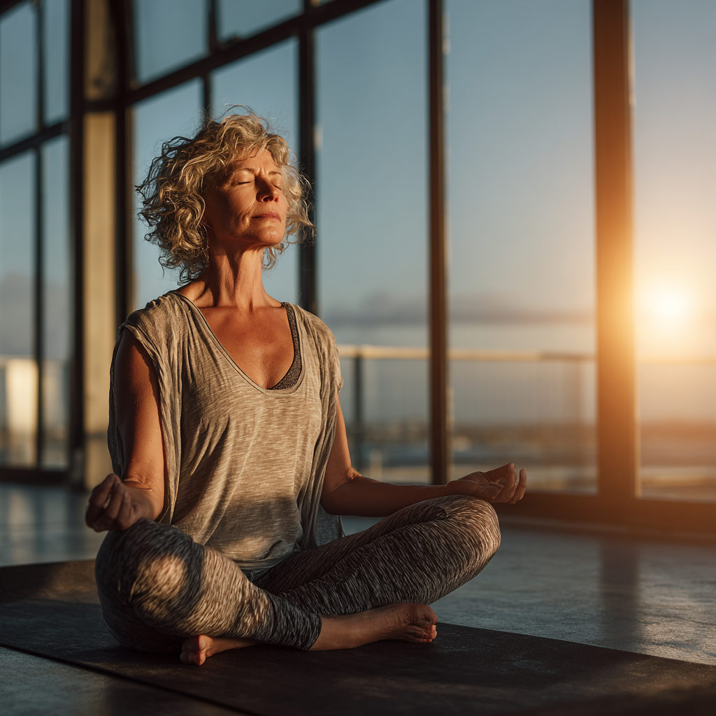 Спокійна жінка 55 років практикує йогу на килимку в сучасній студії з великими вікнами