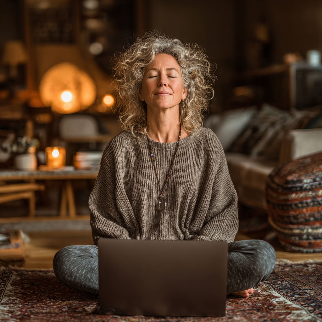 Жінка 52 років практикує йогу вдома перед ноутбуком, слідуючи онлайн-уроку в затишній вітальні